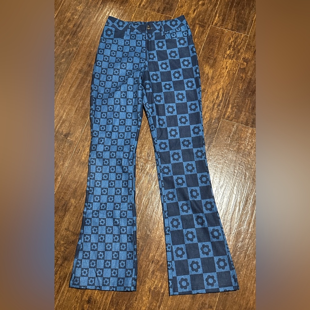 Jaded London Floral Checkered Flare High-Rise Blue Jeans Festival Women’s S